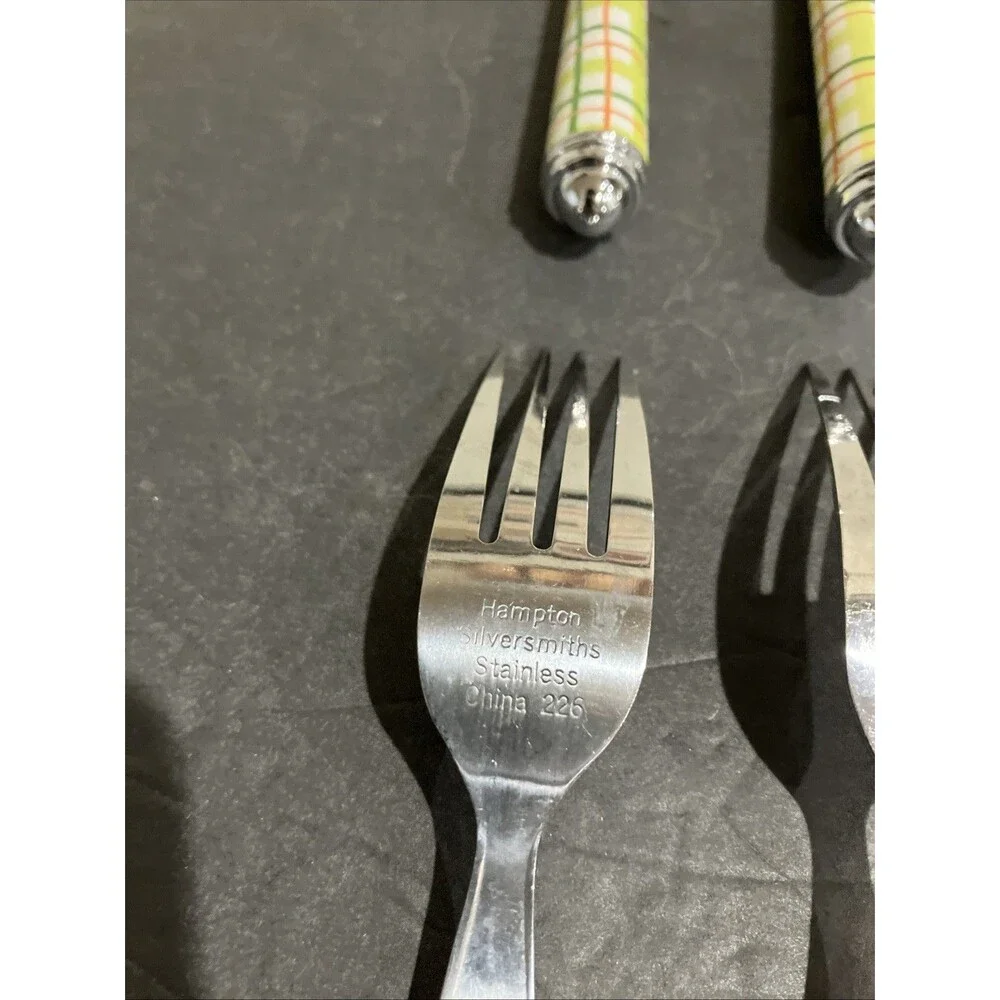 Vintage Hampton Silversmiths Plaid Flatware Set 19 Pc Yellow Orange Gingham 226